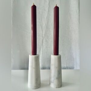 2 West Elm White Marble Reversible Candleholders & Pottery Barn Flameless Tapers
